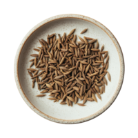 Cumin seeds displayed in a decorative plate set against a clean, transparent background, highlighting their natural texture and color, cumin seeds in plate on transparent background png