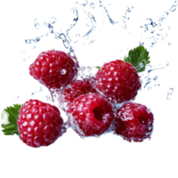 Fresh raspberries splash dramatically into water creating lively droplets on a transparent background, raspberries splashing into waterisolated on transparent background png