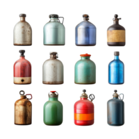 Colorful gas collection bottles displayed on a transparent background in various styles, bottle of gas on transparent background png