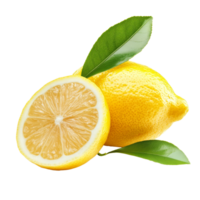 Fresh lemon fruit with green leaves on transparent background showcasing its vibrant color and juicy interior, lemon fruit with leaf isolated on transparent background png