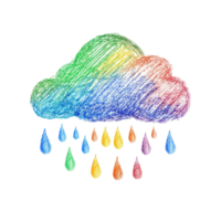 Colorful handdrawn crayon cloud with vibrant raindrops isolated on a transparent background for playful designs, Icon cloud with raindrops hand draw crayon isolated on transparent background png