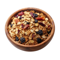 Delicious granola mix in a rustic wood bowl isolated on a clean transparent background for a healthy snack option, Granola in wood bowl isolated on transparent background png