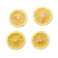Freshly sliced lemon halves arranged on a transparent background showcasing vibrant yellow fruit details, Sliced lemon fruit on transparent background png