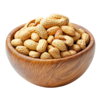 Roasted peanuts in a wooden bowl resting on a transparent surface, perfect for snacking or culinary use at any time, Roasted peanuts in wood bowl isolated on transparent background png