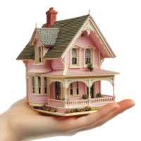 A hand holding a detailed model house showcasing intricate architecture and design features, file no background Hand holding a model house png