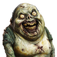 A grotesque fat zombie with a terrifying smile and gruesome details against a stark transparent background, Fat scary zombie on transparent background png
