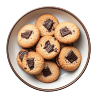 Delicious homemade chocolate chip cookies served in a cozy plate against a clean transparent background during afternoon tea, cookie in a plate isolated on transparent background png