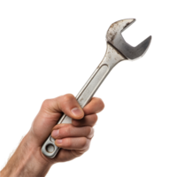 Hand holding a wrench against a clean transparent background showcasing a tool used in maintenance and repair tasks, Hand Holding Wrench on transparent background png