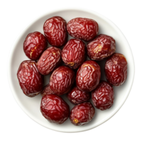 Dried red dates arranged on a transparent plate showcasing their rich color and texture, ideal for snacking and cooking, Dried red date or Chinese jujube in a plate isolated on transparent background png