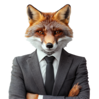 A clever fox dressed in business attire stands confidently against a transparent background ready for a corporate meeting, Fox wearing business attire on transparent background Smart strategy concept png