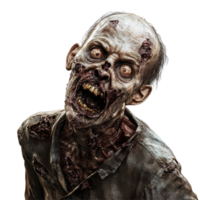 A terrifying zombie with a grotesque appearance and haunting expression on a stark transparent background, Scary Zombie on transparent background Frightening Horror png