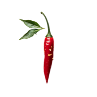 Fresh red chili pepper surrounded by dried flakes and green leaves on a bright transparent background, chili with leaf on transparent background png