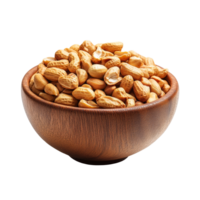 Roasted peanuts in a wooden bowl on a transparent background perfect for snacking or culinary use at any time, Roasted peanuts in wood bowl isolated on transparent background png