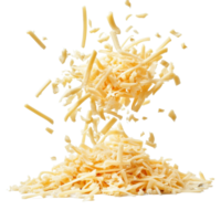 Falling grated cheese creates a dynamic display against a clean transparent background during food preparation, Falling grated cheese on transparent background png