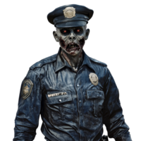 A menacing zombie police officer stands guard in an eerie, isolated setting against a bright transparent background, Police officer zombie isolated on transparent background png
