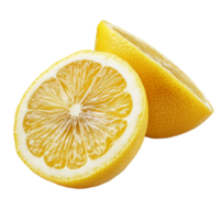 Fresh lemon and a half slice on a clean transparent background for culinary uses and flavor enhancement, Lemon and cut half slice isolated on transparent background png