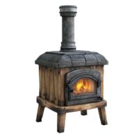 Rustic woodburning stove on a transparent background, highlighting its warm flame and craftsmanship, Wood Burning Stove Isolated on transparent background png