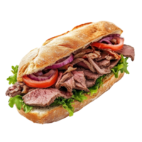 Delicious roast beef sandwich loaded with fresh lettuce, tomatoes, and onions, presented on a transparent background, Sandwich made from roast beef isolated on transparent background png