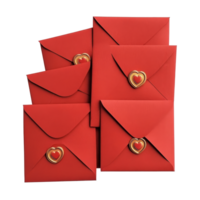 A collection of red love envelopes sealed with heart designs on a clean transparent background for romantic occasions, Red Love Envelopes with Heart Seals on transparent background png