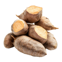 Fresh yams piled neatly on a transparent background showcasing their natural texture and shape for culinary inspiration, yams isolated on transparent background png