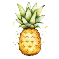 Cheerful watercolor cartoon pineapple with a smiling expression on a bright transparent background, cute cartoon pineapple on a transparent background png