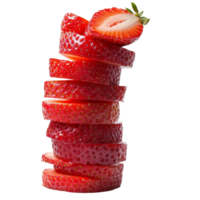 Freshly sliced strawberries are stacked in a vertical arrangement, each slice revealing its juicy, red interior, stack of sliced strawberries isolated on transparent background png