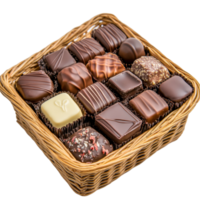 A delightful basket filled with assorted square chocolates on a clean transparent background, Basket of Square of Chocolates on transparent background png