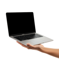 A hand holding a sleek laptop against a clean transparent background, showcasing a modern design and functionality, Hand holding the laptop or notebook on transparent backgroundfile png