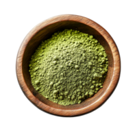 Fresh instant matcha green tea powder displayed in a wooden bowl against a clean transparent background, instant matcha green tea in wood bowl on transparent background png