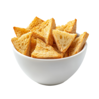 Freshly baked crispy bread triangles in a transparent bowl against a bright backdrop, perfect for snacking or serving with soups, crispy bread in transparent bowl on transparent background png