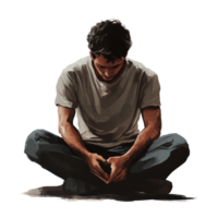 Emotional man seated with head down, expressing discomfort and introspection in a serene atmosphere, file no background Uncomfortable emotional man sitting and sweating png