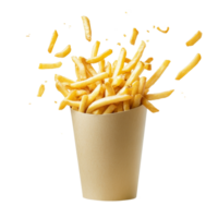 French fries flying out of a paper bucket against a transparent background, showcasing a playful culinary moment, French fries flying out of paper bucket isolated on a transparent background png