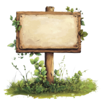 Blank wooden signpost covered in green vines in a grassy field during daylight, Blank sign Stock Illustration png
