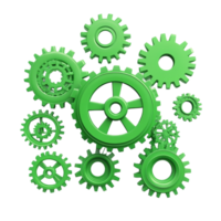 Green gears arranged in various sizes on a flat surface with a transparent background showcasing mechanical design elements, green gears flat 3d isolated transparent background png