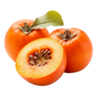 Fresh halfripe persimmons with a vibrant orange hue and green leaves isolated on a clean transparent background, fresh half ripe persimmons isolated on transparent background png