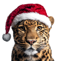 A charming leopard wearing a festive Christmas hat against a pristine transparent background, Leopard wearing a christmas hat on transparent background png