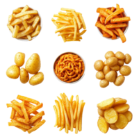 A variety of French fries presented with potato wedges and unique shapes for an appetizing display, Various French Fries Including Classic, Potato Wedges, Curly, and Spicy on transparent background png