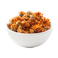 Dried chrysanthemum flowers in a transparent bowl on a soft background with natural lighting, dried chrysanthemum flowers in transparent bowl isolated on transparent background png
