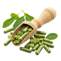 Moringa capsules in a wooden scoop surrounded by green leaves on a transparent background, Moringa capsules in the scoop on transparent background png