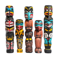 Colorful totem pole figures standing against a transparent background showcasing intricate designs and cultural symbolism in contemporary art, Colorful Totem Pole Figures on transparent background png