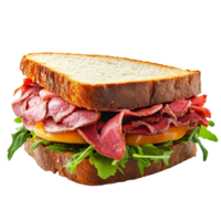 Delicious roast beef slice sandwich with fresh greens on a transparent background ready to be enjoyed, roast beef slice sandwich isolated on transparent background png