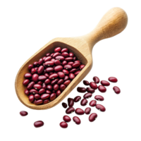 Fresh azuki bean seeds in a wooden scoop resting on a clear transparent surface, Azuki bean or red bean seeds in wood scoop on transparent background png