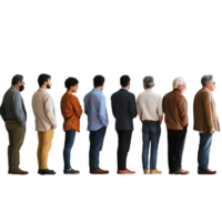Diverse group of individuals waiting patiently in line against a plain background, file no background Diverse people waiting patiently in line png