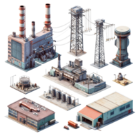 Local power generation units featuring cooling towers and transmission structures in an industrial area, Several elements and units that make up a local power station isolated on transparent png