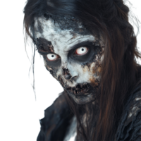 A captivating portrait of a female zombie with haunting transparent eyes against a stark transparent background, Portrait of a Female Zombie with transparent Eyes on transparent background png