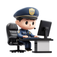 Police officer character diligently working at a workstation in a bright setting, 3D Police Officer Character at Workstation on transparent background png