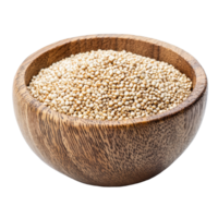 Quinoa seeds in a wooden bowl isolated on a clean transparent background, showcasing natural texture and color, Quinoa seeds in wood bowl isolated on transparent background png