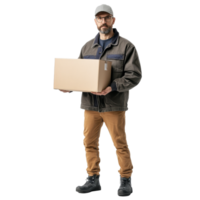 Delivery man holding a package stands in front of a plain transparent background with a confident expression, Delivery Man with Package Isolated on transparent background png