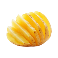 Sliced raw potato showcasing its fresh, yellow flesh on a clean transparent background, Raw Potato Sliced isolated on transparent background png