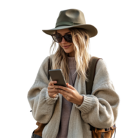Young woman exploring a new destination while checking her phone in a cozy outfit and stylish hat, file no background Young woman traveling and using a smartphone png